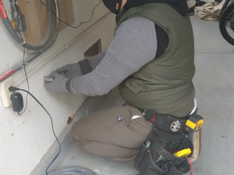 Electrician performing outlet wiring in a Melvindale garage